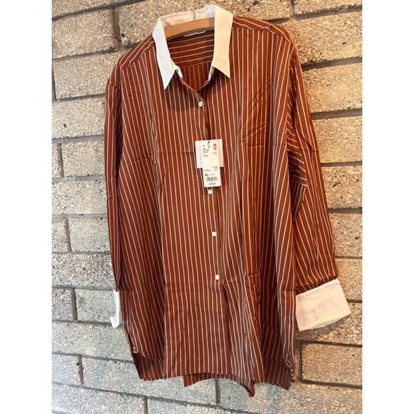 Womens Rayon Striped Long Sleeve Shirt By Uniqlo XL Brown With White Collar And - Picture 1 of 7